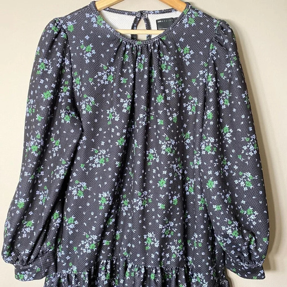 ASOS Women's Sz 10 Tall Balloon Sleeve Floral Print Ruffle Shift Mini Dress Navy - Picture 6 of 16